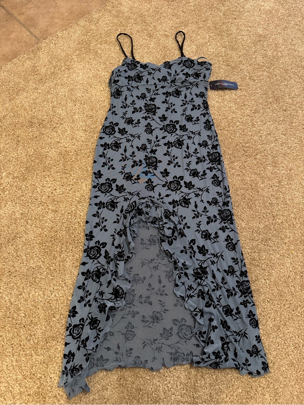 one clothing Blue Dress with Black Floral Burnout